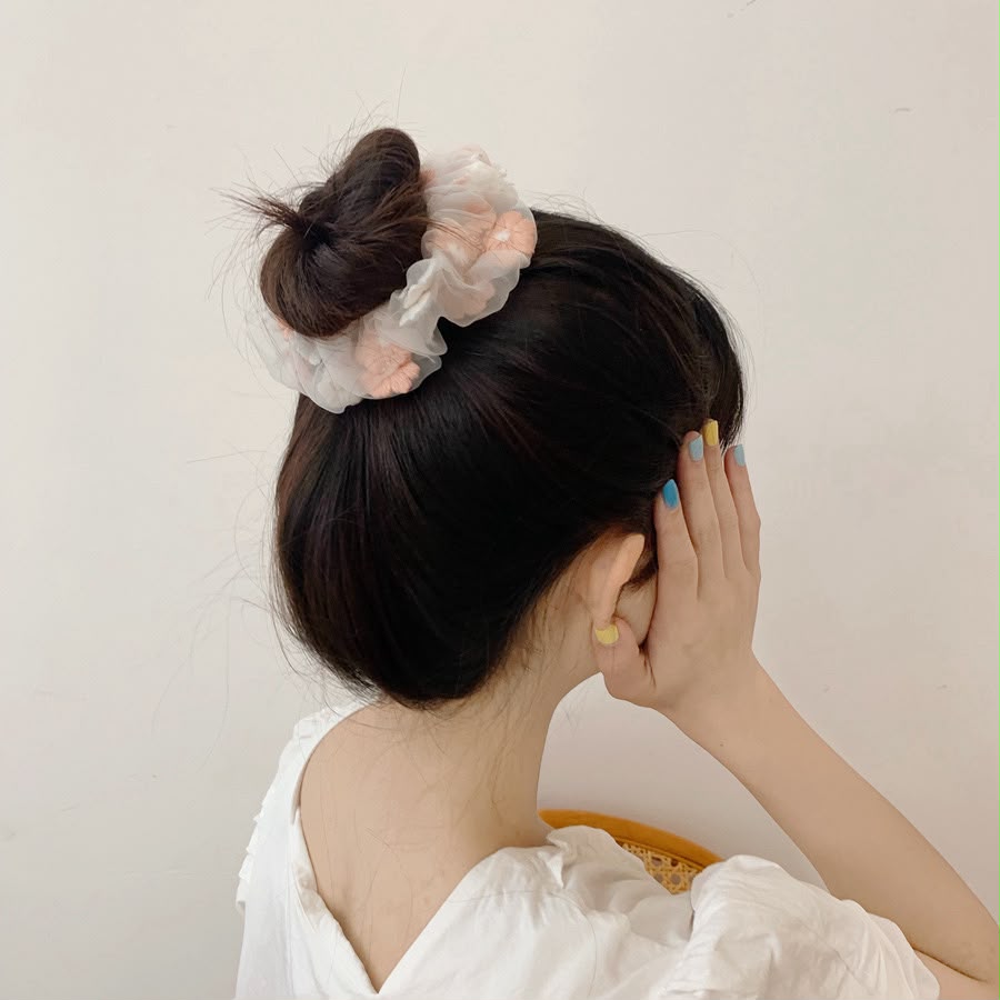 Pink and White Floral Scrunchie Hair Tie