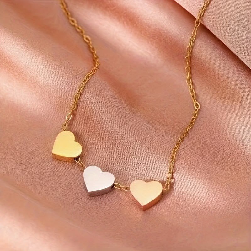 18K Gold Plated Triple Heart Chain with Silver-Tone Accent