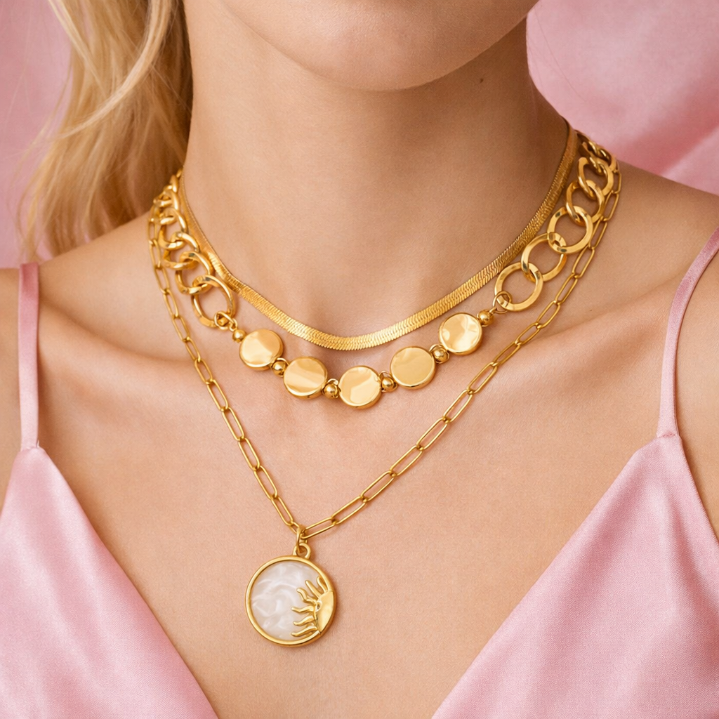 18k Gold Plated 3 Layer Chain with Sun Pendant