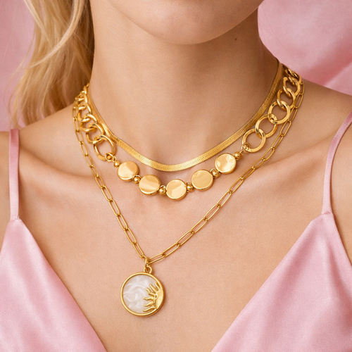 18k Gold Plated 3 Layer Chain with Sun Pendant