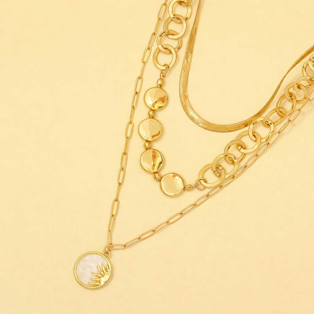 18k Gold Plated 3 Layer Chain with Sun Pendant