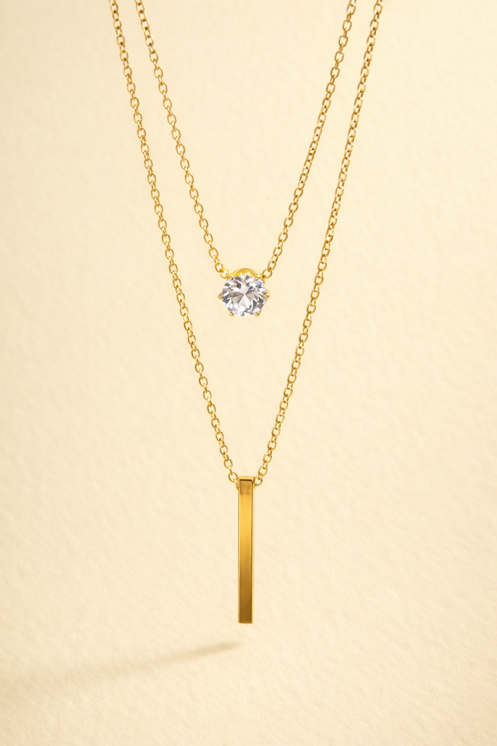18K gold plated 2 layer chain with Geometric stone and linear bar pendant