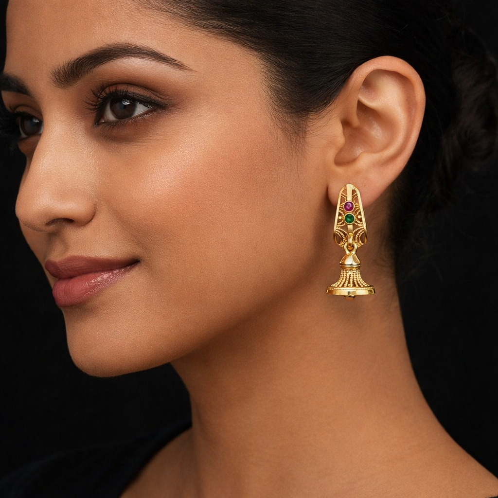 Micro Gold Plated Jhumka Earrings with Ruby & Emerald Stones