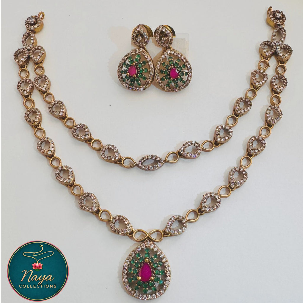 Pink - Green with White Stone Necklace Set with Earrings