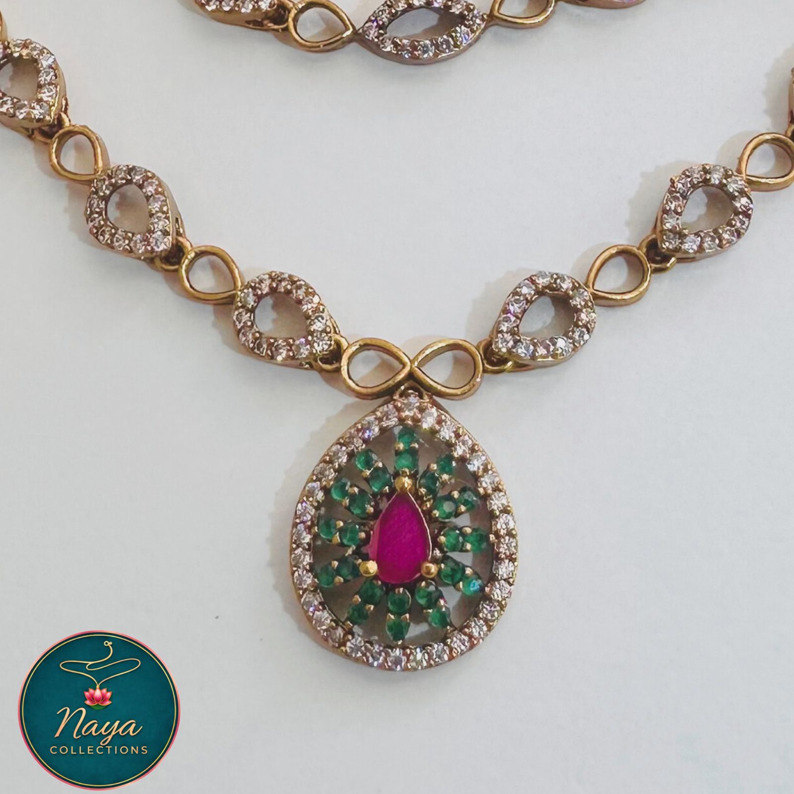 Pink - Green with White Stone Necklace Set with Earrings