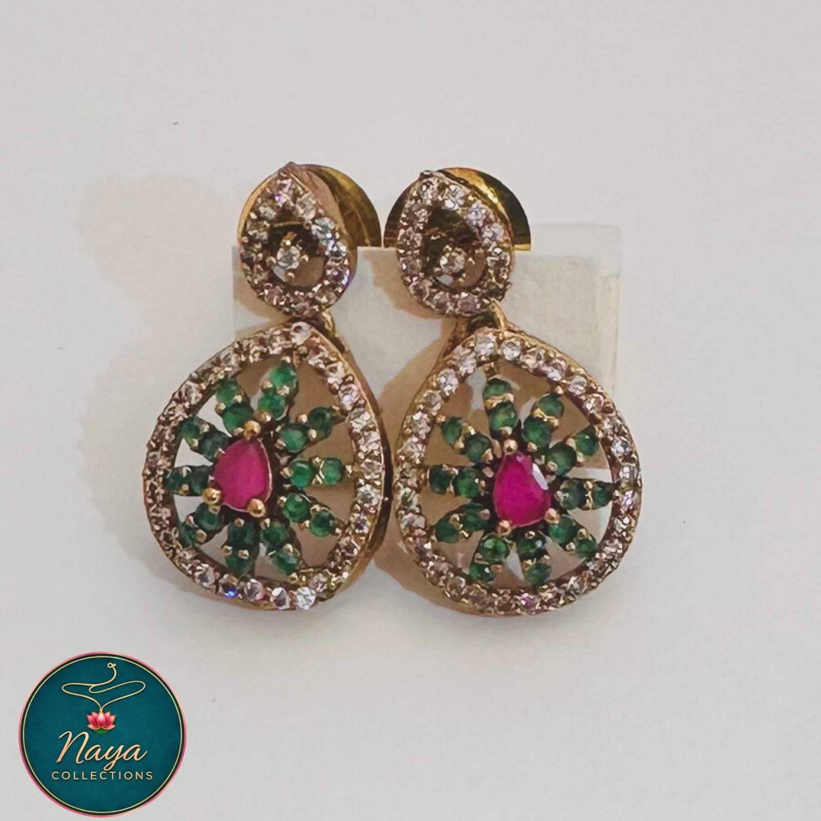 Pink - Green with White Stone Necklace Set with Earrings