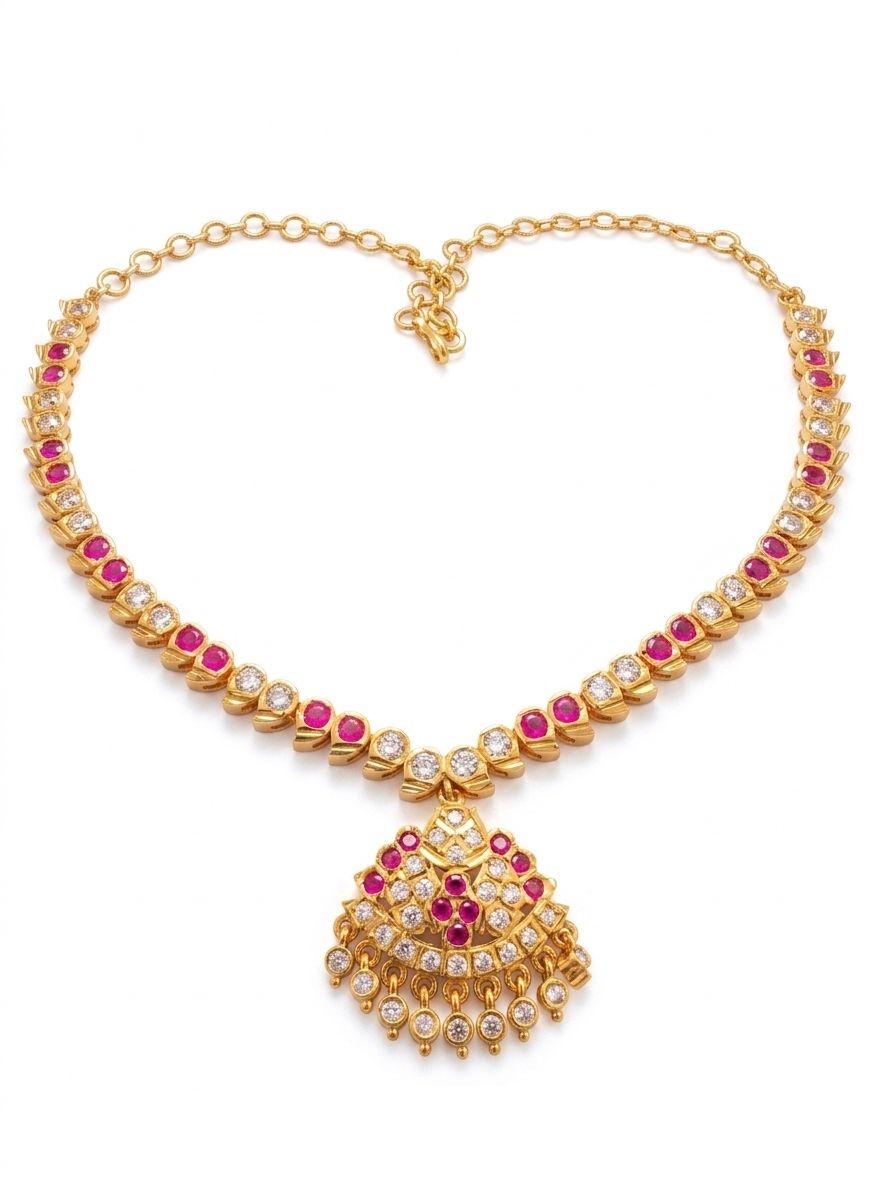 Panchaloham  Polished  Ruby CZ Alternating Stone Choker  Necklace with Chandelier Pendant