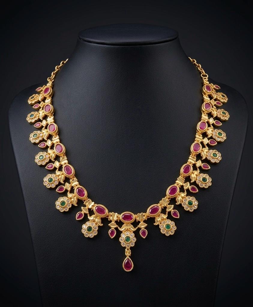 Micro gold plated Premium Ruby Emerald Necklace with CZ Floral Motifs