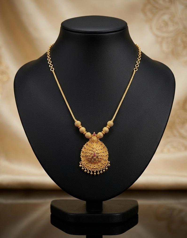 Micro Gold Plated Filigree Pendant Necklace with Beaded Chain