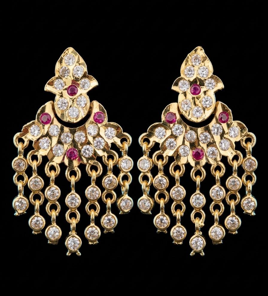 Impon CZ & Ruby Chandelier Waterfall Drop Earrings | Traditional South Indian
