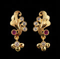 Micro Gold Plated Feather Scroll CZ & Ruby Drop Earrings