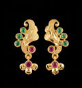 Micro Gold Plated Feather Scroll Emerald & Ruby Drop Earrings | Matte Finish