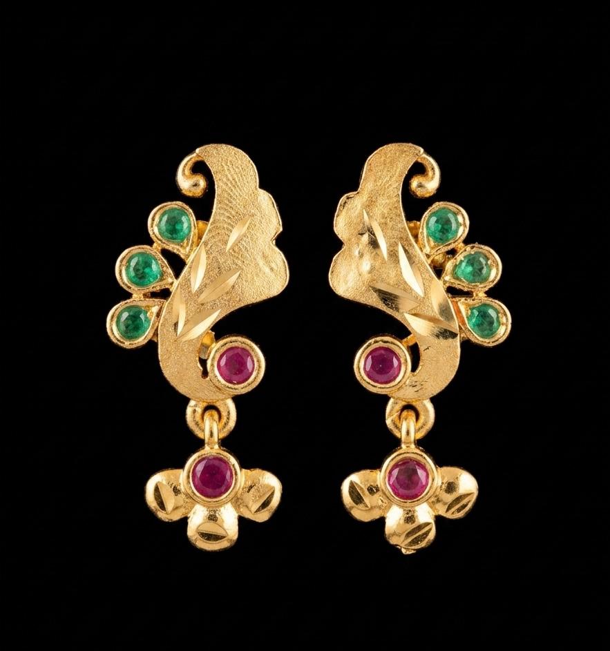Micro Gold Plated Feather Scroll Emerald & Ruby Drop Earrings | Matte Finish