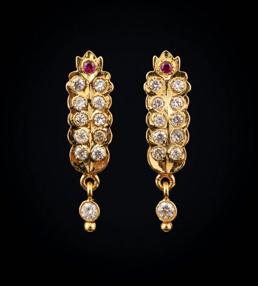 Impon CZ Wheat Spike Drop Earrings with Ruby Top | Traditional South Indian