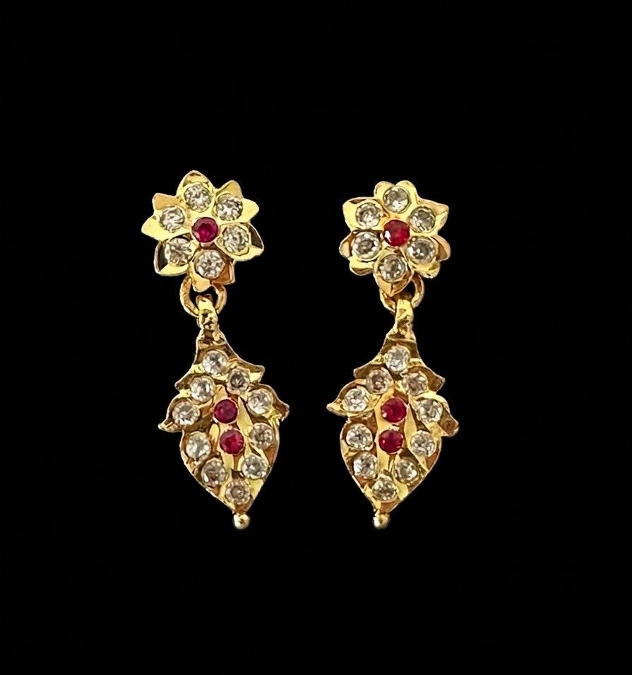 Impon Floral CZ & Ruby Leaf Drop Earrings | Traditional South Indian