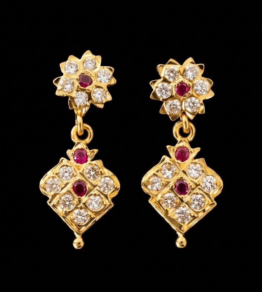 Impon Floral CZ & Ruby Diamond Grid Drop Earrings | Traditional South Indian