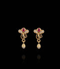 Gold Forming Baby Floral CZ & Ruby Leaf Drop Earrings