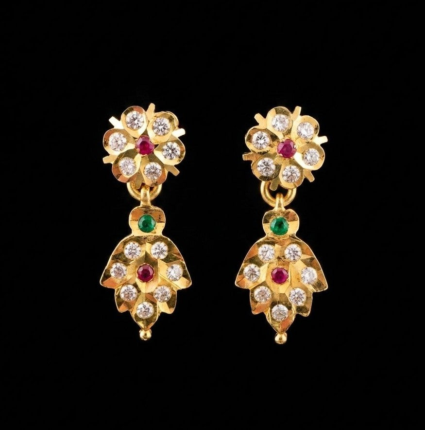 Impon Floral CZ Tulip Drop Earrings with Ruby & Emerald