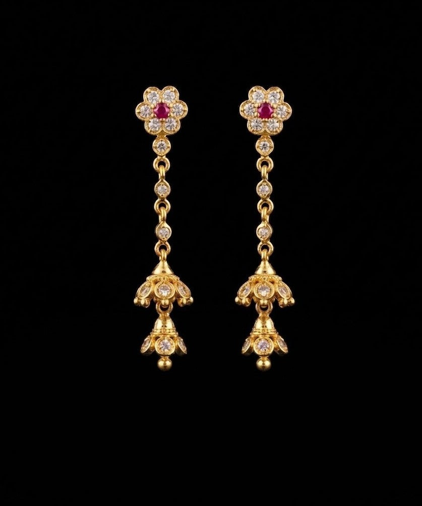 Impon Floral CZ Chain Jhumka Earrings with Ruby Centre