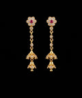 Impon Floral CZ Chain Jhumka Earrings with Ruby Centre