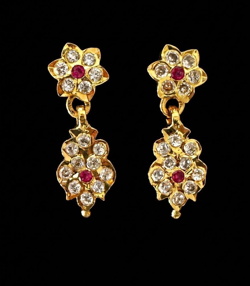 Impon Double Floral CZ & Ruby Drop Earrings | Traditional South Indian