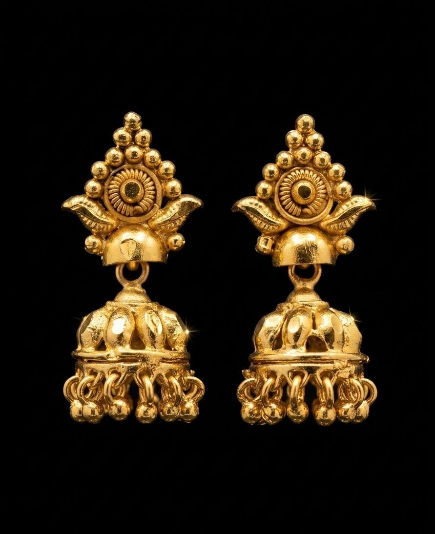 Micro Gold Plated Temple Jhumka Earrings with Floral Bell Dome