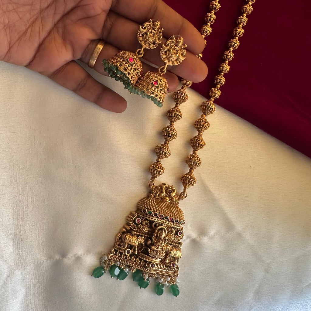 Antique Gold Temple Long Necklace Set with Jhumka Earrings