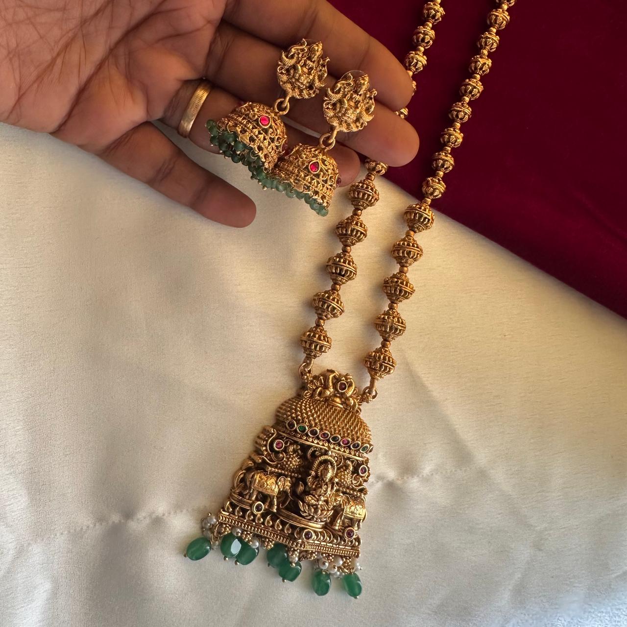 Antique Gold Temple Long Necklace Set with Jhumka Earrings