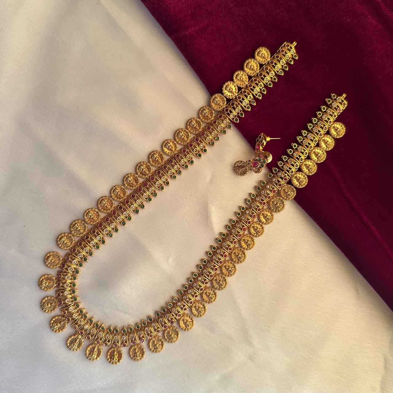 Lakshmi Kasu Mala Long Necklace Set with Earrings
