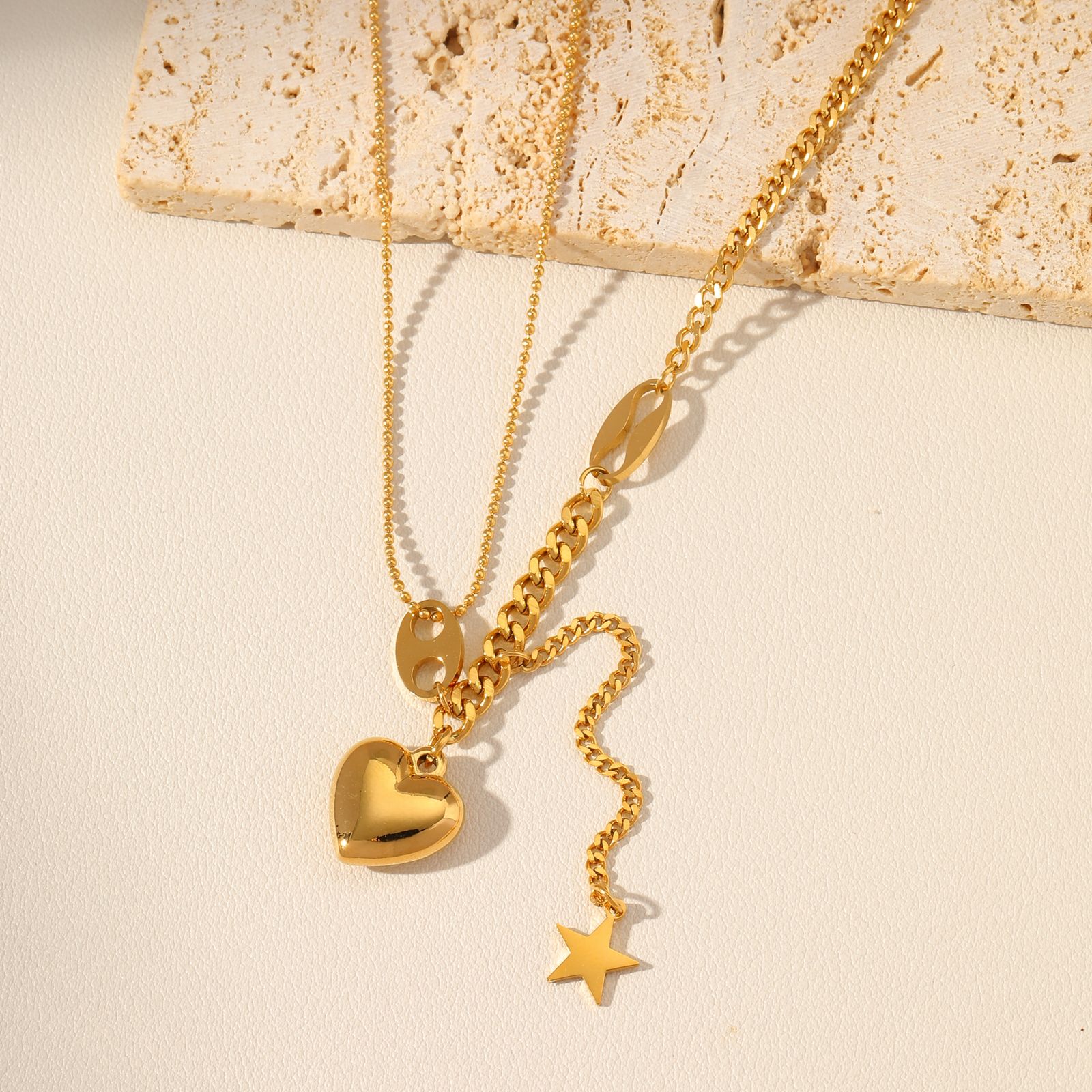 18K Gold Plated Golden Duo Heart & Star Chain