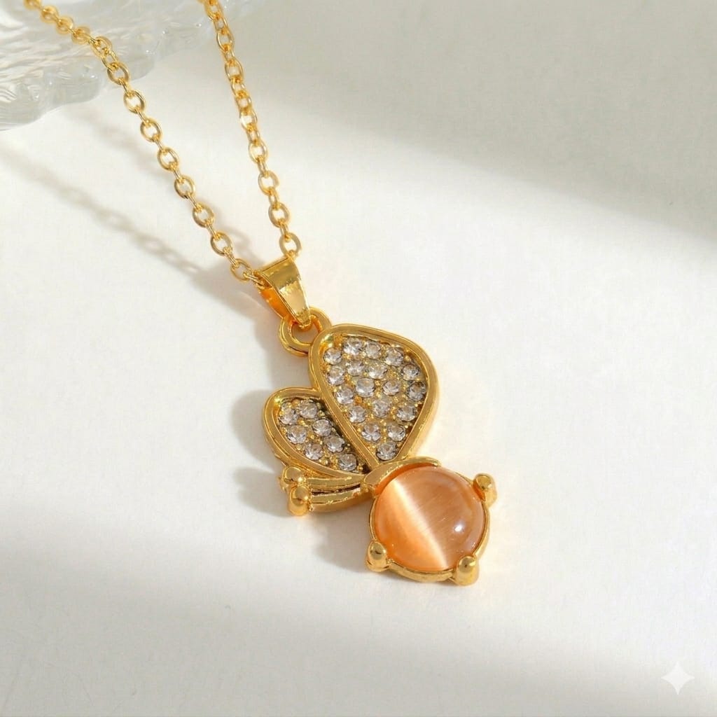 18K gold plated cat's eye butterfly pendant chain