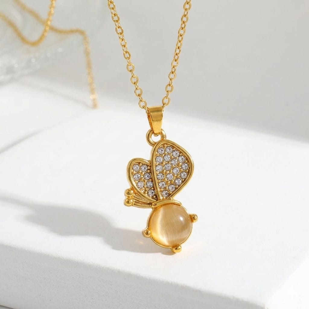 18K gold plated cat's eye butterfly pendant chain