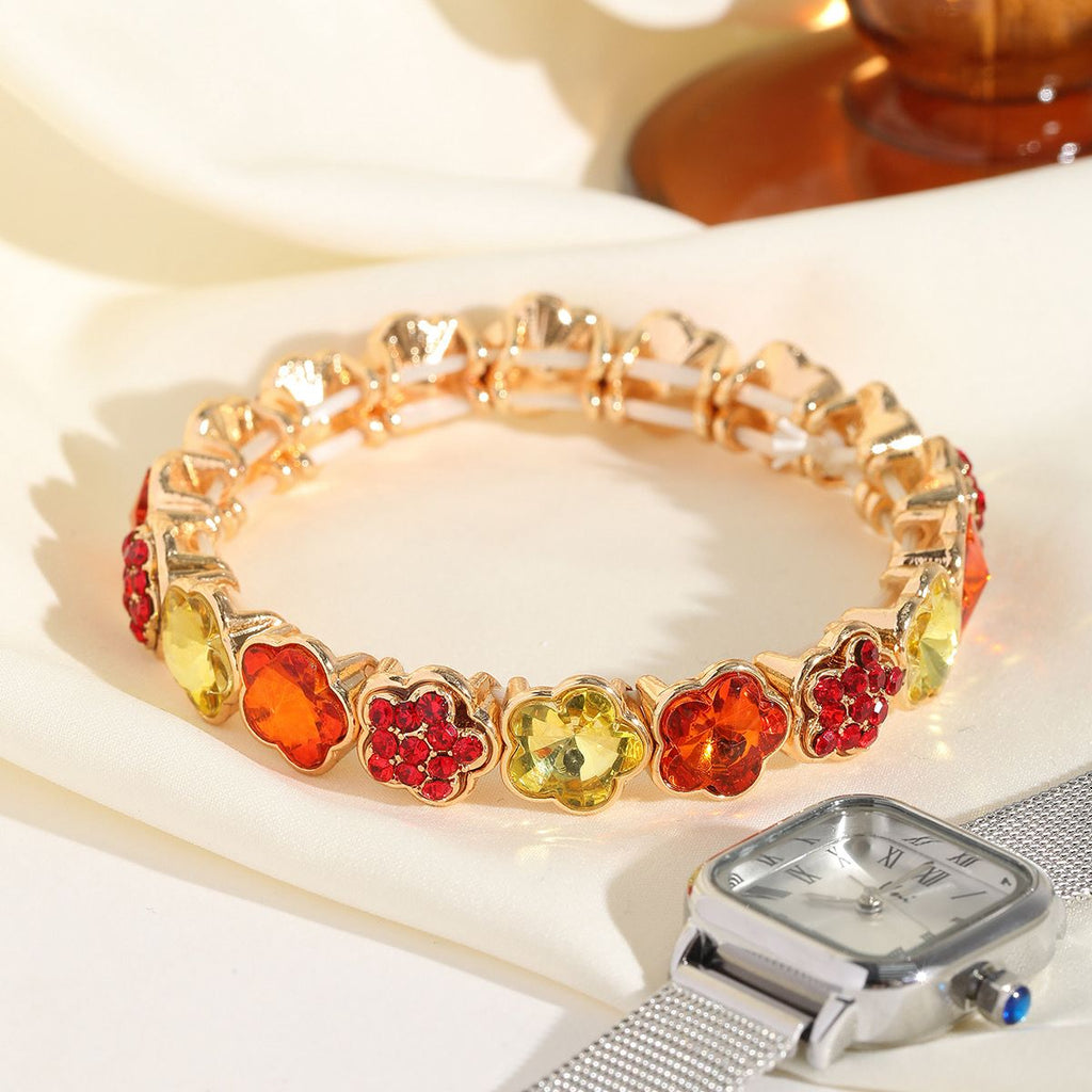Gold Multicolour Floral Crystal Stretch Bracelet