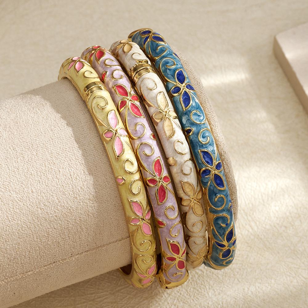 18K Gold Coated Open Enamel Bangle – Sky Blue & Navy Floral