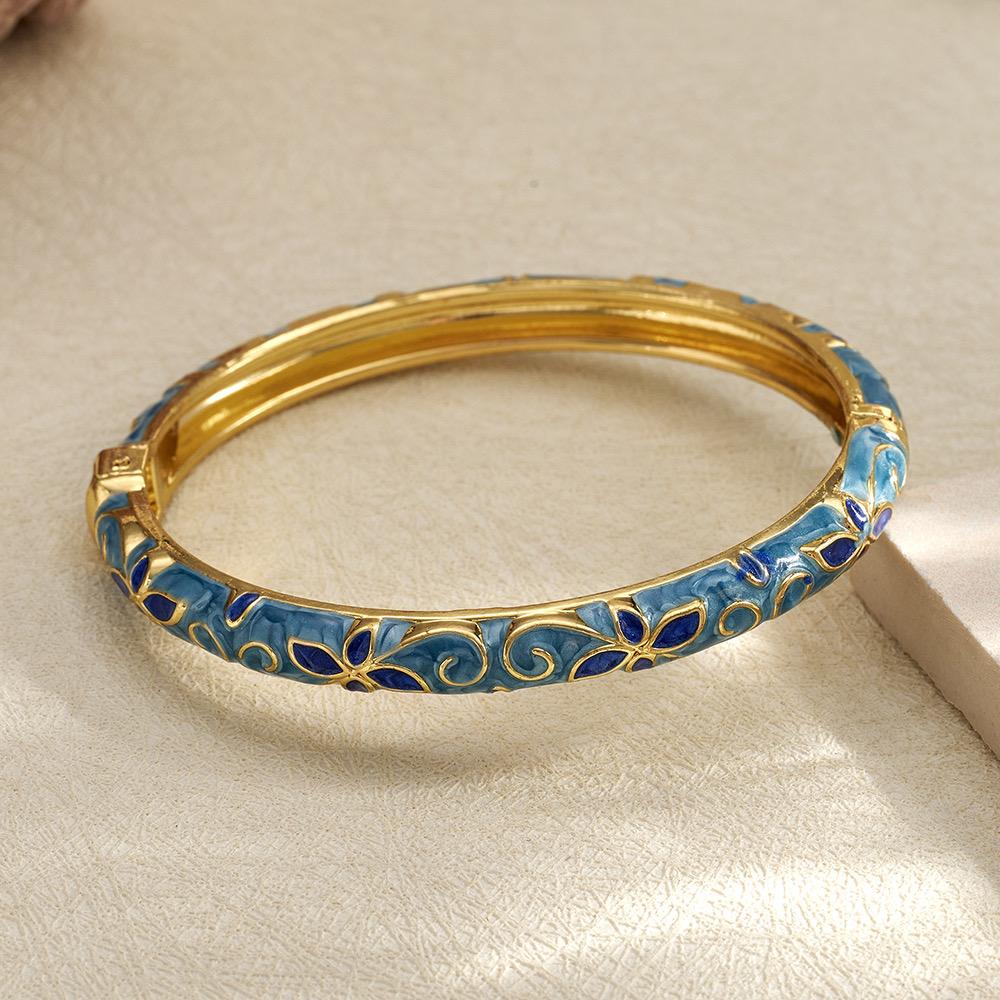 18K Gold Coated Open Enamel Bangle – Sky Blue & Navy Floral