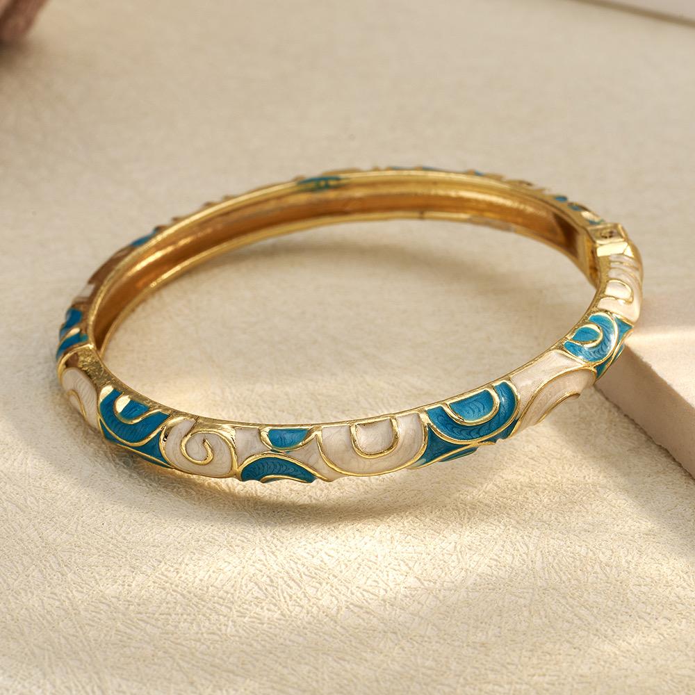 18K Gold Coated Enamel Bangle – Sky Blue & White Curves