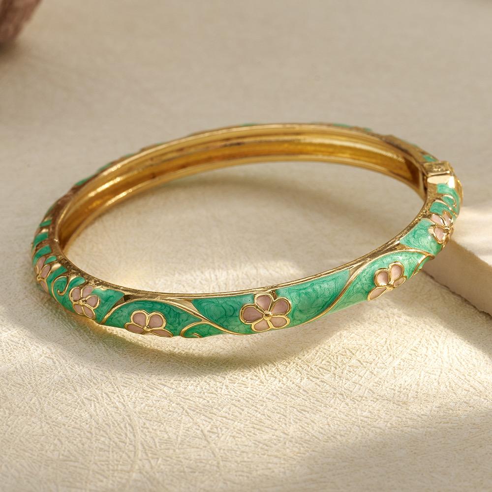 18K Gold Coated Enamel Bangle – Green with Pink Flower (open Kada)