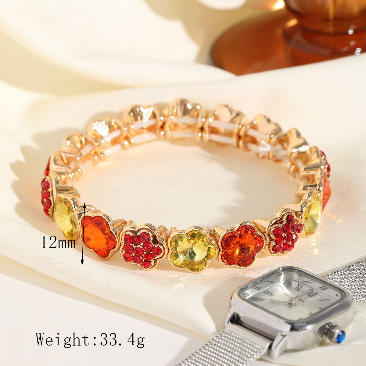 Gold Multicolour Floral Crystal Stretch Bracelet