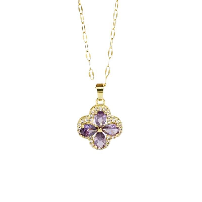 18K gold plated Purple Stone clover pendant chain
