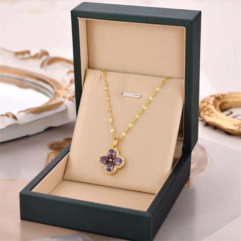18K gold plated Purple Stone clover pendant chain