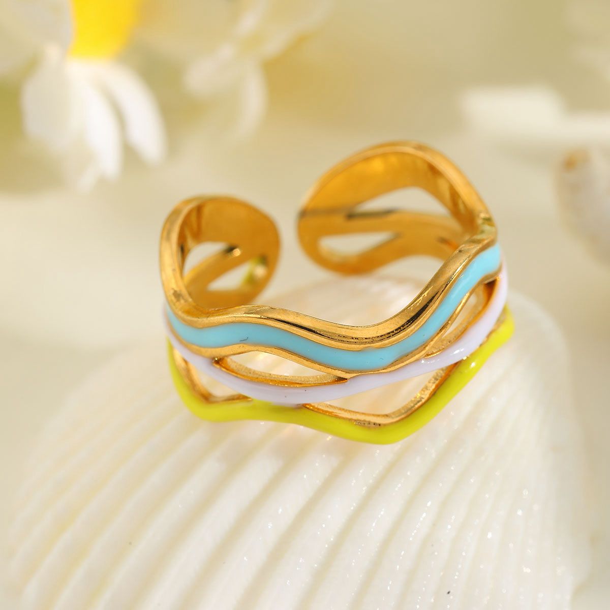 Anti Tarnish Multicolour Wavy Enamel Layered Ring