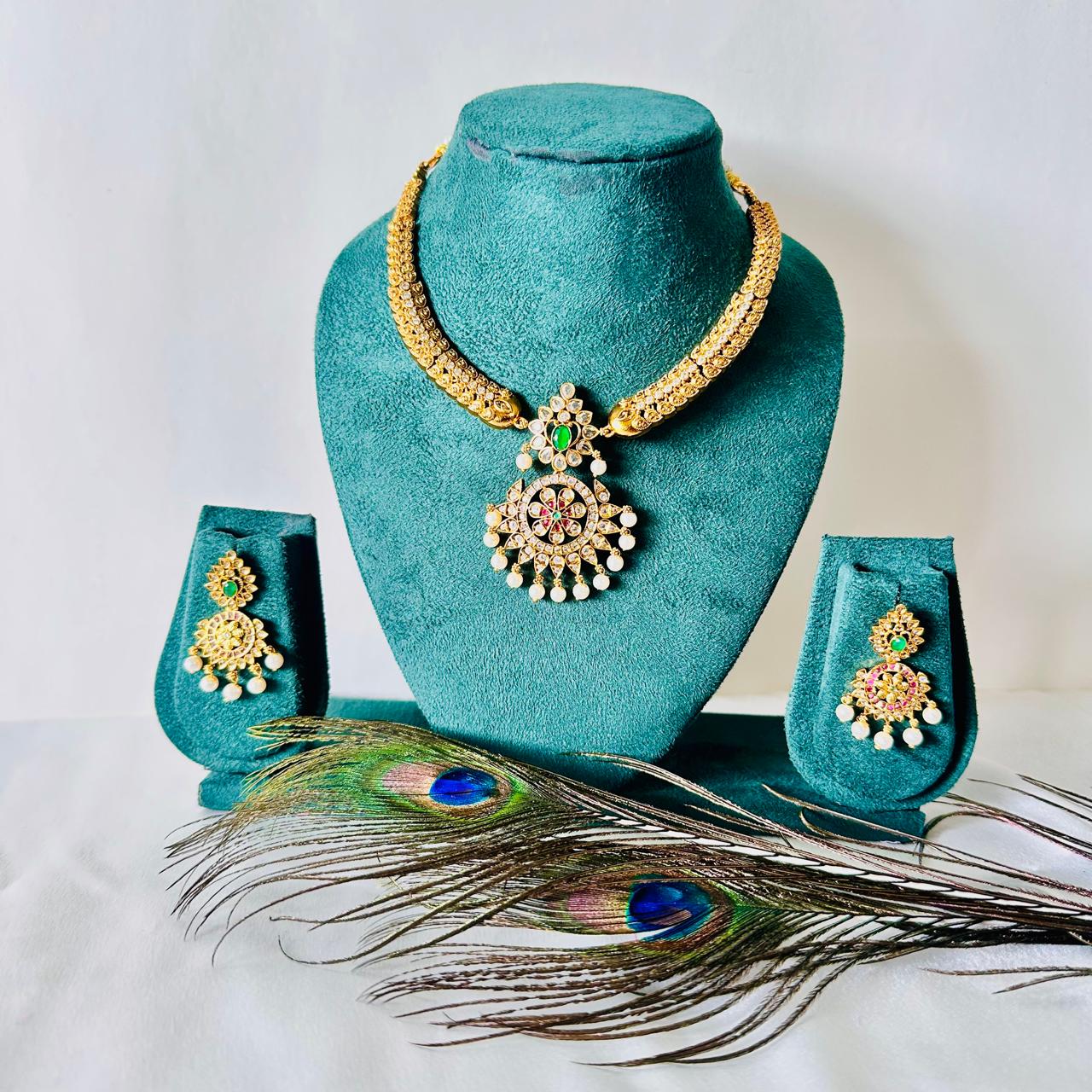 Antique Gold-Tone Necklace & Earring Combo Set with Emerald, Ruby & Pearl Drops