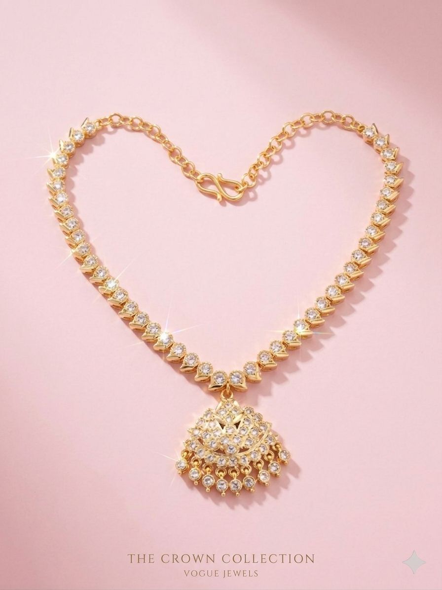 Panchaloham  Polished  Ruby CZ Alternating Stone Choker  Necklace with Chandelier Pendant
