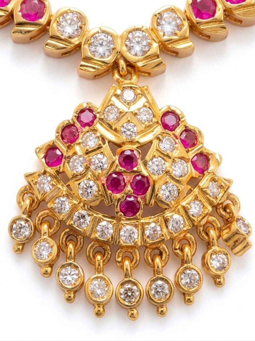 Panchaloham  Polished  Ruby CZ Alternating Stone Choker  Necklace with Chandelier Pendant