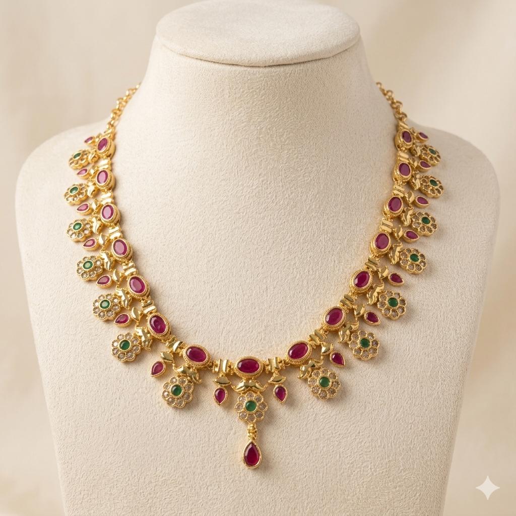 Micro gold plated Premium Ruby Emerald Necklace with CZ Floral Motifs