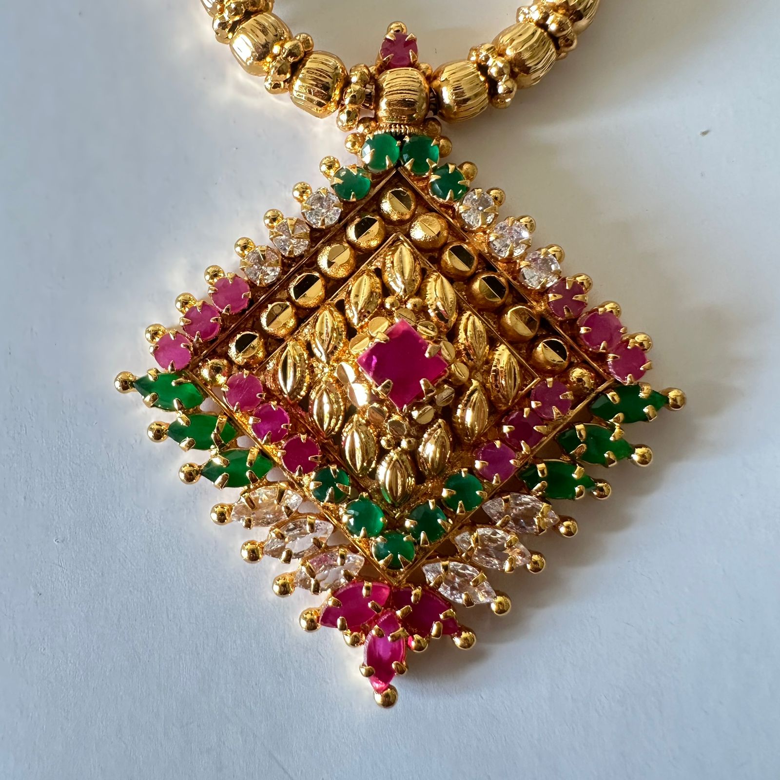 Micro Gold Plated Chain Necklace with Ruby Emerald CZ Diamond Pendant