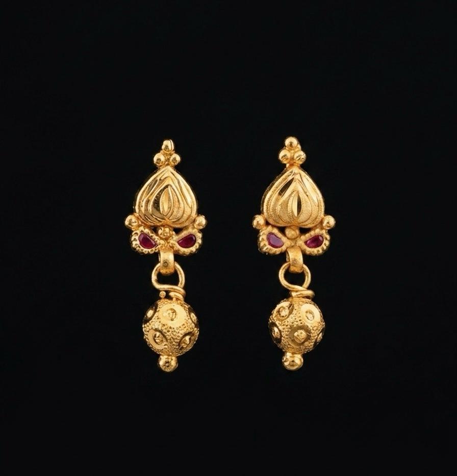 Gold Forming Lotus Bud & Textured Ball Drop Earrings with Ruby | Lightweight