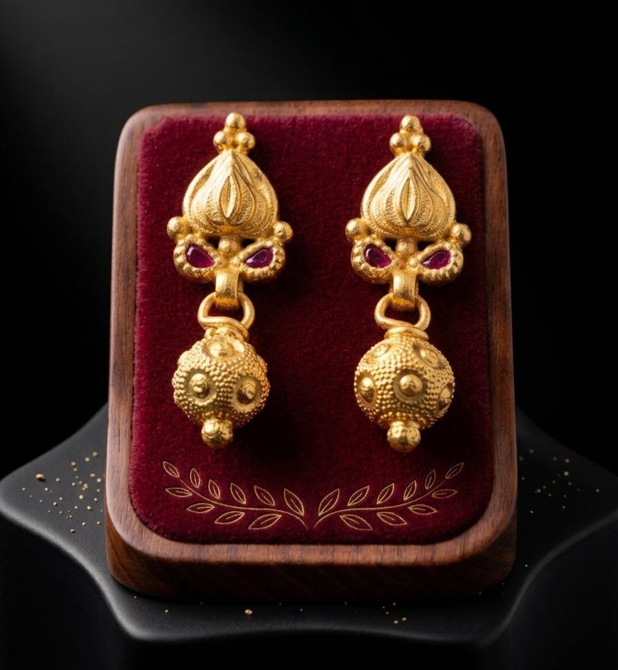 Gold Forming Lotus Bud & Textured Ball Drop Earrings with Ruby | Lightweight