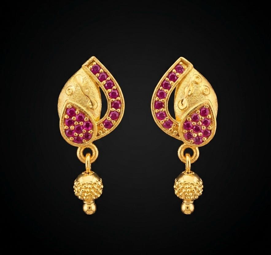 Micro Gold Plated Ruby Pavé Leaf Tulip & Gold Ball Drop Earrings