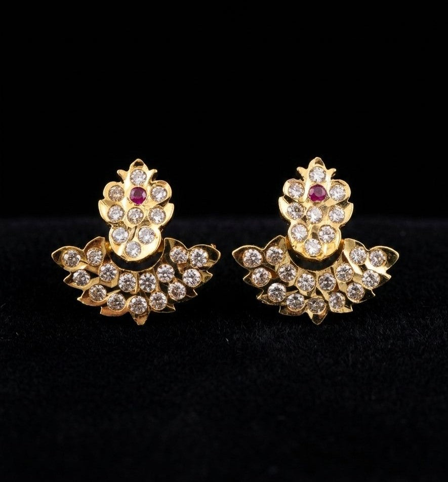 Impon Peacock Fan CZ & Ruby Stud Earrings | Traditional South Indian